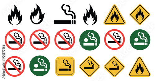 No Open Fire And No Smoking Sign Set, Forbidden Flame Logo Symbol Collection, Red Circle Slash Prohibited Icons For Regulatory Signage, Fire Safety Warning Labels For Restricted Areas, Clean Vector.