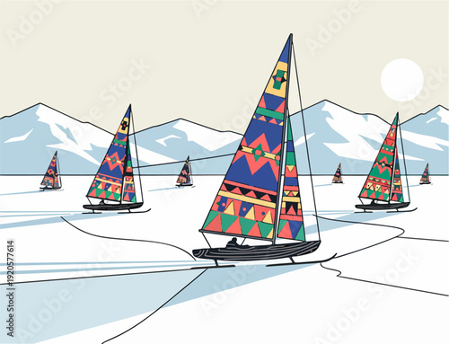 Iceboats racing on frozen lake with mountains