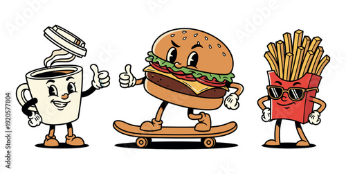 Coffee cup burger and french fries retro cartoon mascot characters isolated on white background