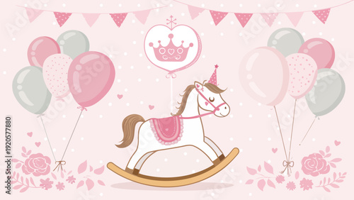 Newborn princess celebration banner with pink nursery decor rocking horse balloons and crown