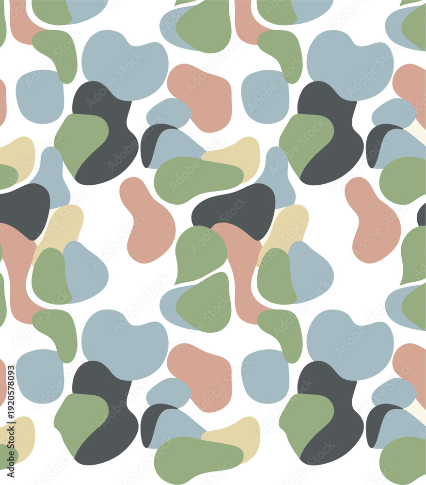 Fototapeta premium A seamless pattern of irregular shapes in various muted colors on a white background.