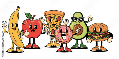 Banana apple pizza donut avocado and burger retro cartoon mascot characters isolated background