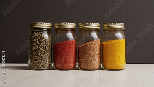 Different Types of Spices in Glass Jars Arranged on a White Surface Against a...