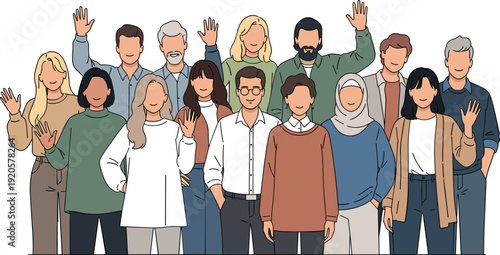 Set of diverse happy people characters waving hands in greeting and smiling together flat vector illustration isolated on white