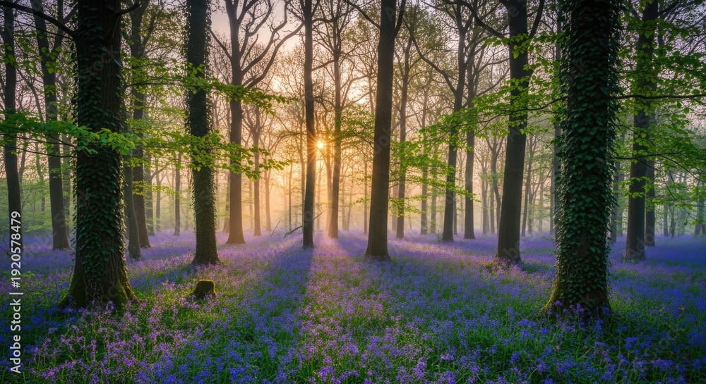 Fototapeta premium Golden Sun Rays Pierce Through Misty Morning Haze in a Vibrant Bluebell Forest, Creating an Ethereal Woodland Scene