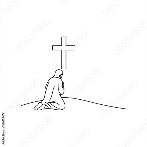 A person kneeling in prayer before a cross on a hill, symbolizing faith and devotion, minimalist line art.