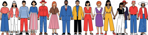 Set of diverse people characters standing in a row holding hands together unity and friendship concept flat vector illustration isolated on white