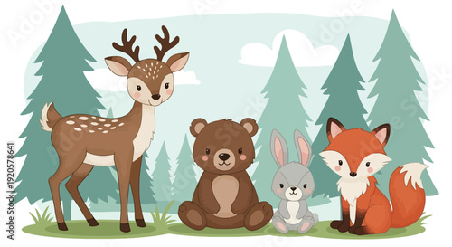 Cute forest animals cartoon illustration.