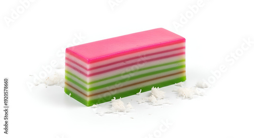 Colorful layered cake on white background.