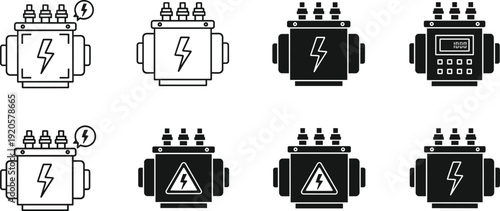 Set of electrical transformer icons in line and solid styles, high voltage energy equipment symbols, industrial power technology collection isolated on white background