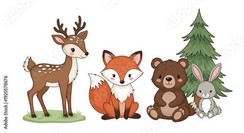 Cute forest animals illustration with a deer fox bear and rabbit.