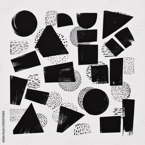 A contemporary abstract painting featuring black and white geometric lines and shapes with subtle textures.