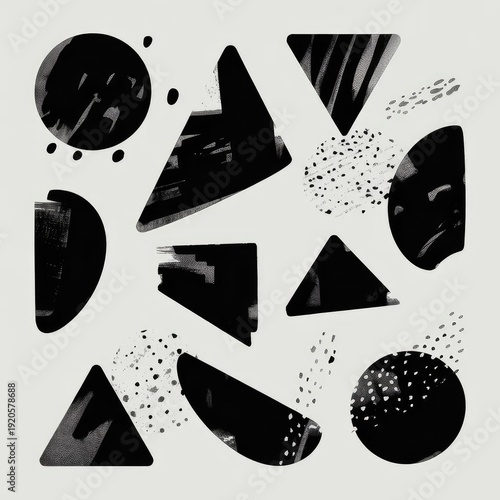 A contemporary abstract painting featuring black and white geometric lines and shapes with subtle textures.
