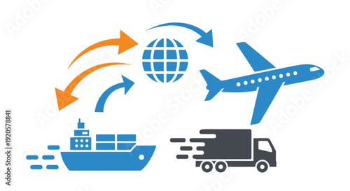 Global logistics and transportation icons depicting various methods of delivery