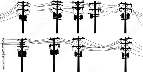 Silhouette set of utility poles with transformers and overhead power lines, electrical distribution infrastructure collection, industrial energy network isolated on white background