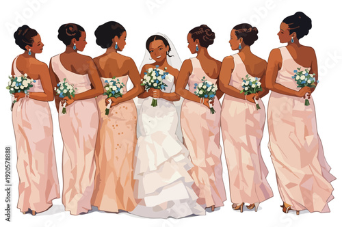 stylized illustration: bride in a white ruffled gown with bridesmaids in blush one-shoulder dresses