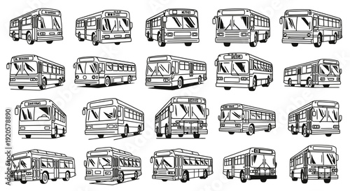 Collection of vintage bus illustrations in black and white.