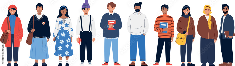 Obraz premium Set of diverse young people and students characters in casual autumn outfits standing with bags and books flat vector illustration