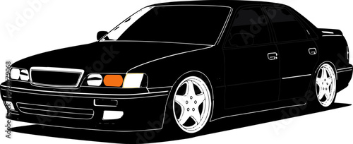 Black Car with Custom Wheels Illustration.