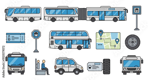 Collection of various buses and transportation elements.