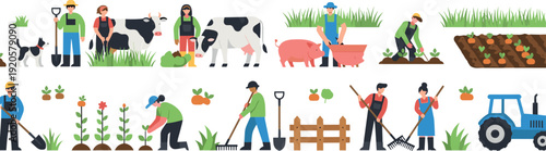 Set of farmers and gardeners working in field with crops cows pig and tractor for agriculture and organic farming concept flat vector illustration