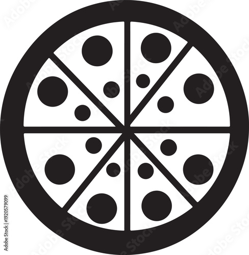 Black and white pizza with pepperoni slices divided into eight sections round
