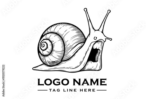 A surreal cartoon vector illustration of a snail character with a logo name and tag line on a clean white background, featuring a mix of bold lines and shading.