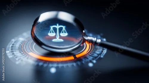 Obraz Magnifying glass over digital scales of justice symbol representing legal compliance audit concept.

