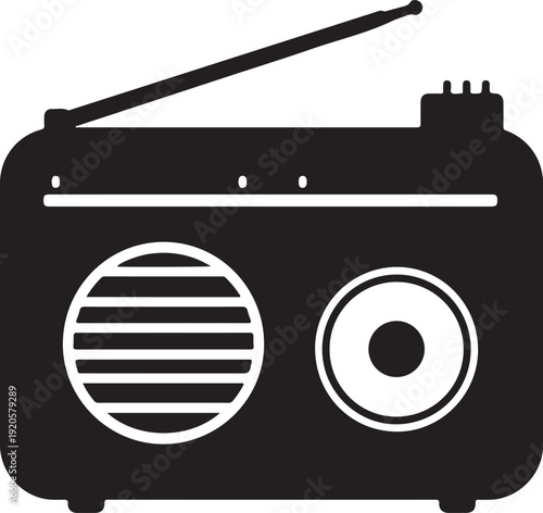 Black and white silhouette of a vintage portable radio with an antenna and speaker