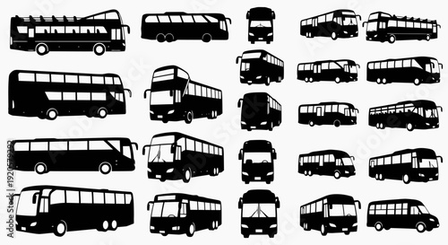 Collection of Various Bus Silhouettes Isolated on White Background.