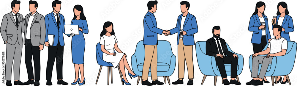 Obraz premium Set of professional business people characters collaborating in office sharing information and using laptop flat vector illustration isolated on white