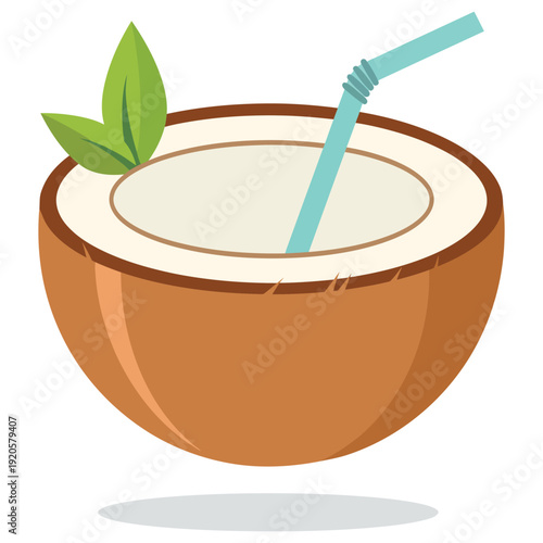 A refreshing coconut drink with a straw and leaves on top