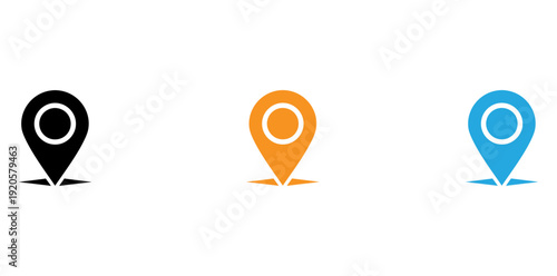 Three location pins in different colors on a white background isolated on transparent background, Vector