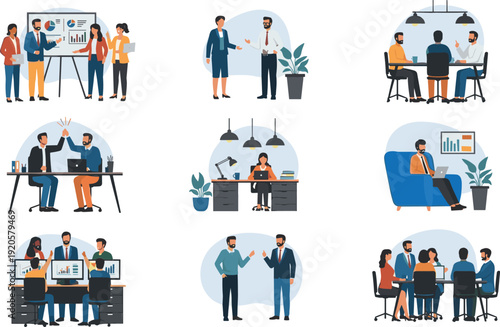 Set of professional business people working in office environment including team meetings presentations brainstorming and creative collaboration flat vector illustration