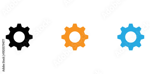 Three differently colored gear icons in a simple linear arrangement isolated on transparent background, Vector