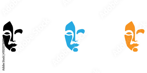 Three stylized abstract faces with varying emotional expressions and colors isolated on transparent background, Vector
