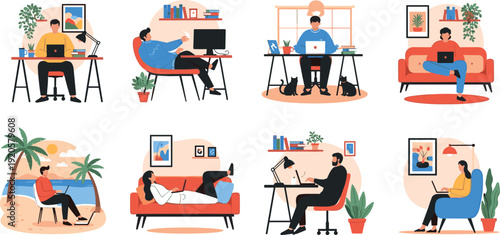 Set of professional people working remotely from home office beach and living room using laptops for freelancing and digital nomad lifestyle flat vector