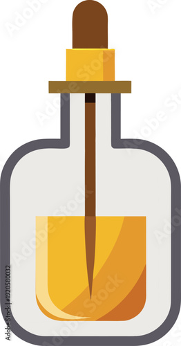 A flat illustration of a glass dropper bottle with a yellow liquid on transparent background
