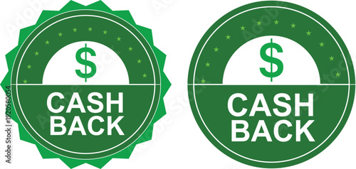 Green cashback reward badge labels with dollar symbol for refund and discount promotion offers
