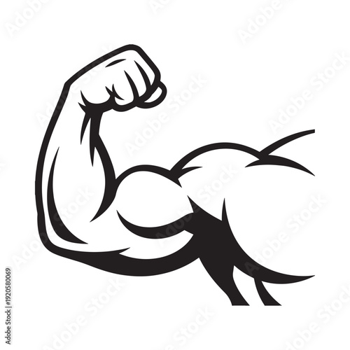 Strong muscular arm illustration in black and white depicting physical power