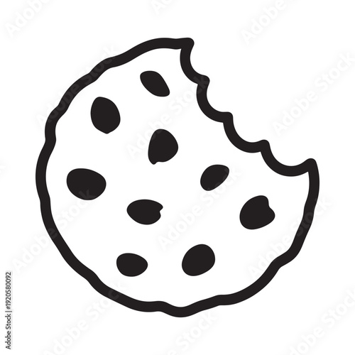 A simple black and white illustration of a partially eaten chocolate chip cookie