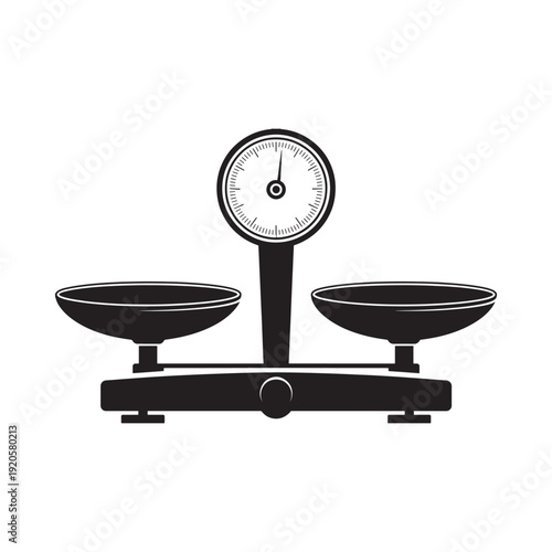 A black and white illustration of a classic balance scale with a circular dial