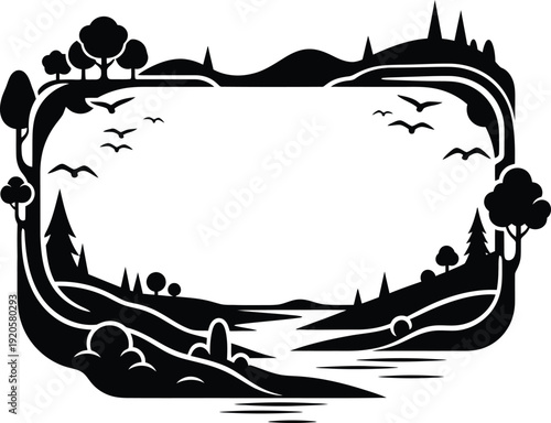 Serene landscape with winding river and silhouetted trees