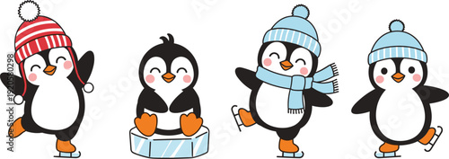 cute penguin cartoon characters ice skating winter animals in hats and scarves flat vector illustration isolated on white