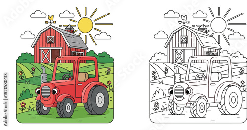 Cute Red Tractor on a Farm with Barn and Sunny Sky - Rural Landscape