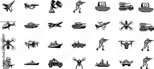 military icon set with soldiers tanks fighter jets drones warships and armored vehicles black outline vector collection for defense design