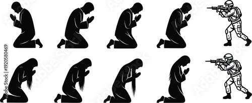 praying people and armed soldier silhouettes contrasting peace and war black vector illustration isolated on white background