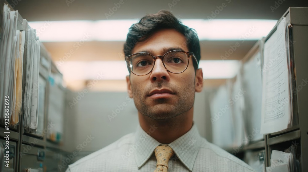 Obraz premium Portrait of a young man in an office. he is wearing a white collared shirt and a yellow tie. he has dark hair and is wearing glasses.