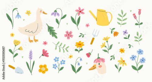Cute garden spring flower set with flowers and ducks
