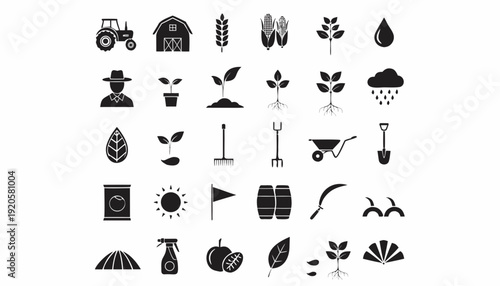 Very beautiful black and white farming vector icon set featuring tractor, barn, crops, farmer silhouette, plant growth stages, and agricultural tools, arranged in clean minimalist clipart style for ru